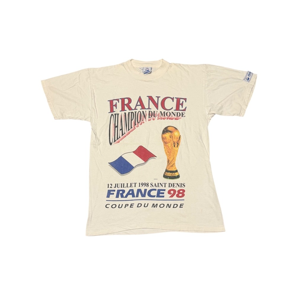 Vintage France 98 World Cup Champion Du Monde T-Shirt Cream Mens Small Soccer